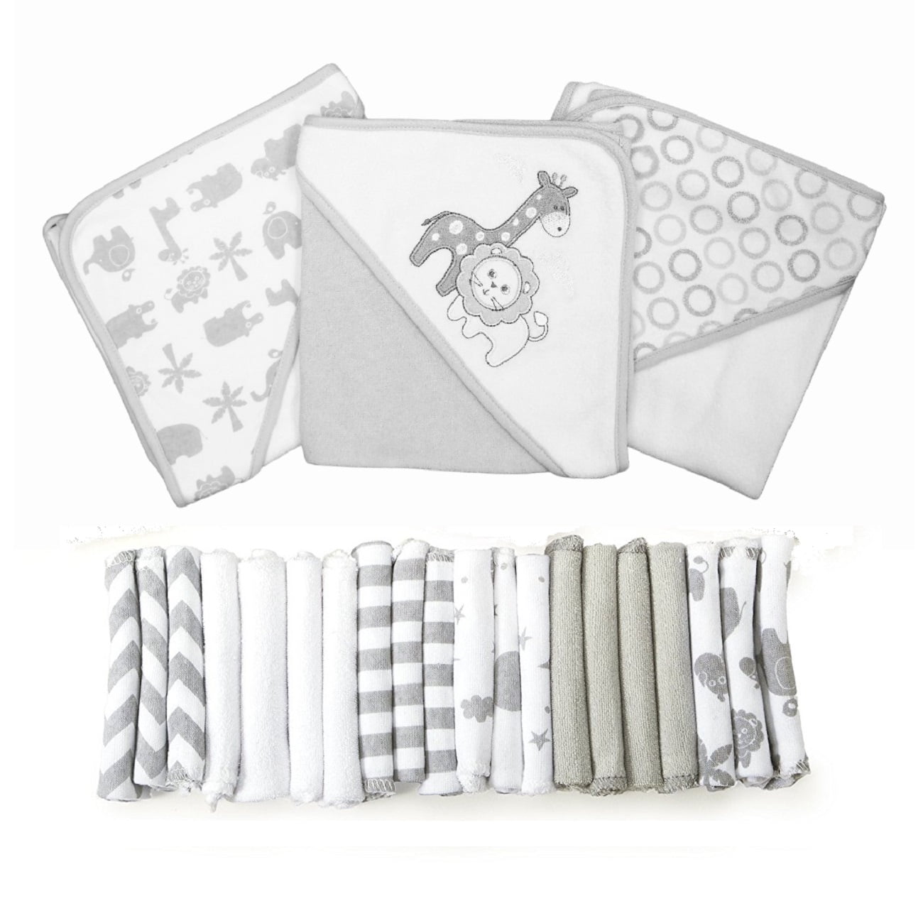 Gray and White Cotton Hooded Baby Towel and Washcloth Set