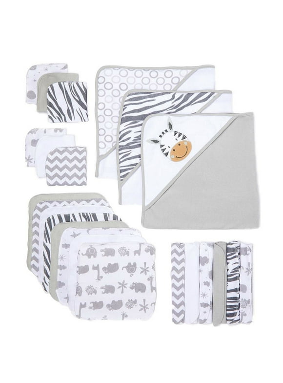 Spasilk Bath Hooded Towels & Washcloths Set for Babies, 23-Piece Gift Set, White Zebra