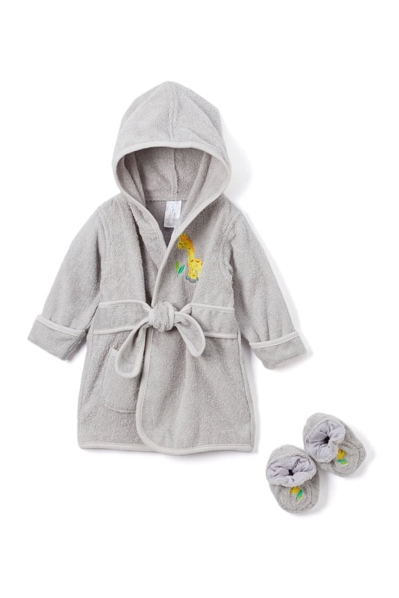 Hooded Terry Bathrobe With Booties, Grey Giraffe