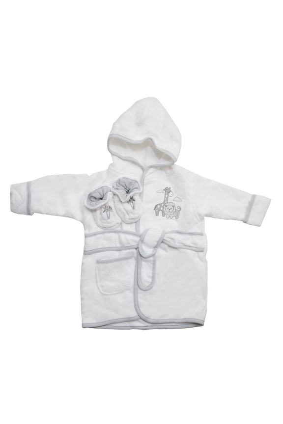 Hooded Terry Bathrobe with Booties, Baby Shower Set, 0-9 Months, Grey Lion