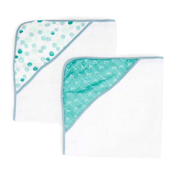Spasilk Hooded Towel Set for Babies, Soft Terry Towel Set, Muslin Printed Hood, Pack of 2, Green Dots