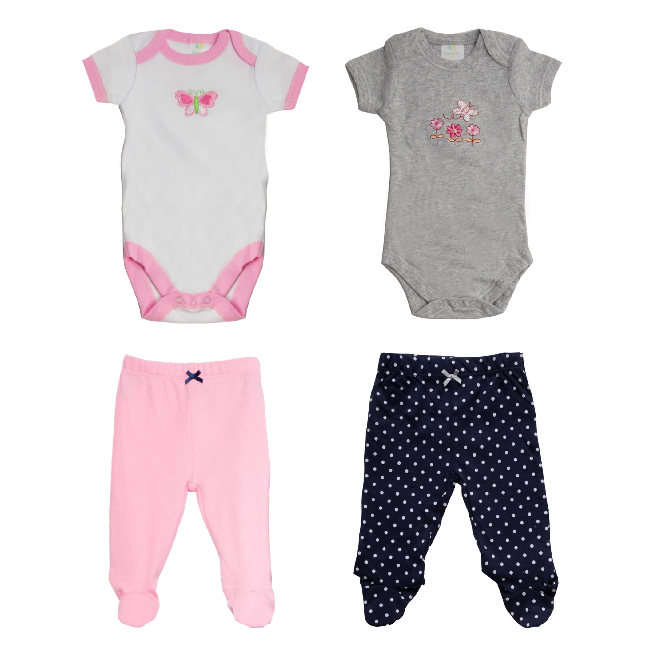 Spasilk Newborn 4-Piece Layette Set, Bodysuits & Footed Pants, 0-3M ...