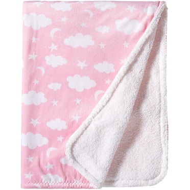 Spasilk Velboa Fleece Blanket With Thick Stitch Trim Accessory for Crib and Stroller, Pink Clouds