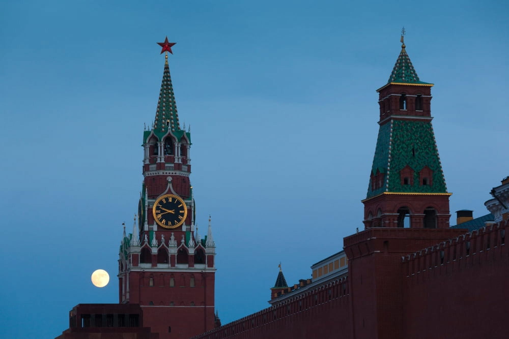 Spasskaya Tower with moonrise Kremlin Red Square Moscow Russia Canvas Art - Panoramic Images (27 x 9)