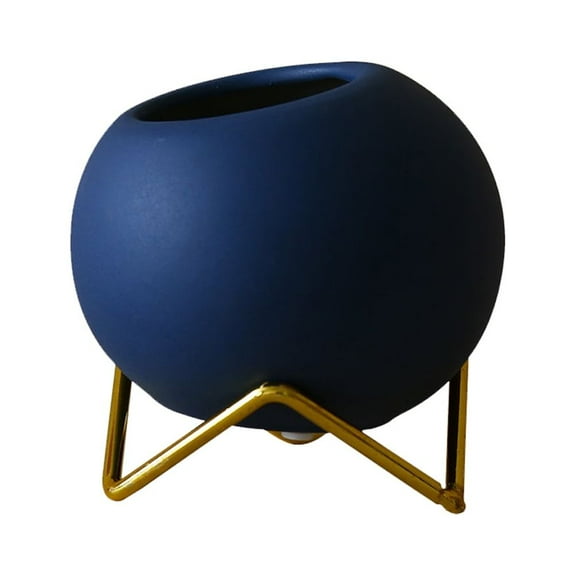 Spatiy Ceramic Pot Round Globe Shaped Plants Pot Container with Stand Rack Desktop Decorative Planter for Home Office Blue