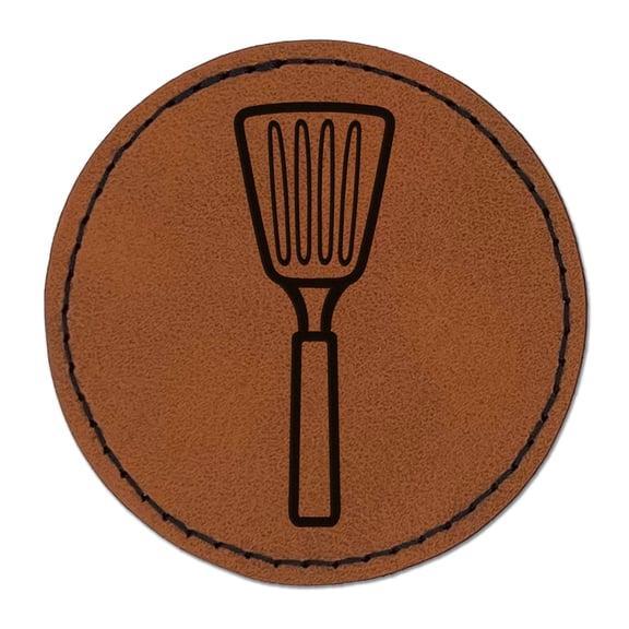 Spatula Kitchen Utensil BBQ Grilling 2.5" Faux Leather Round Engraved Iron-On Patch - Brown
