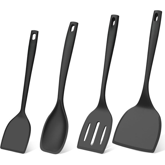 Spatula Turner Set, 4 Pack, 600?F Heat Resistant Cooking Spatulas, Spoons, & Non-Stick Kitchen Utensils, Ideal for Flipping Egg, Pancake, and Serving, Dishwasher Safe (Black)