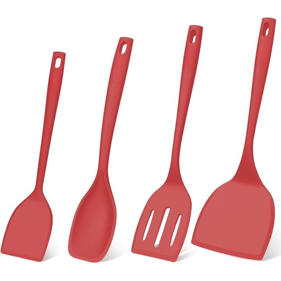 Spatula Turner Set, 4 Pack, 600?F Heat Resistant Cooking Spatulas, Spoons,  & Non-Stick Kitchen Utensils, Ideal for Flipping Egg, Pancake, and Serving, Dishwasher Safe (Red)