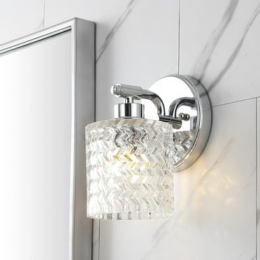 Spaulding Vintage 5.13" 1-Light Iron/Chevron Pattern Glass Farmhouse Cottage LED Vanity Light, Chrome