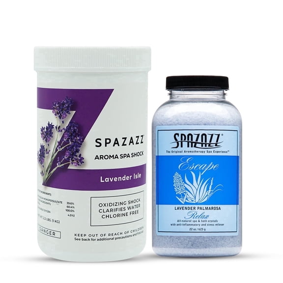 Spazazz Aromatherapy Bath Salt & Spa Shock Set. Non Chlorine Spa Shock and Hot Tub Bath Salt Crystals. Oxidizing Water Clarifier Shock and Escape Lavender Palmarosa - Aromatherapy Scented Salts for R