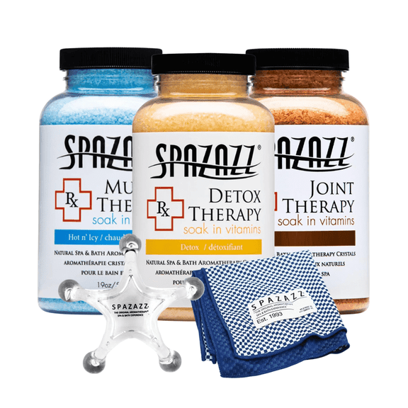 Spazazz Hot Tub Aromatherapy RX Muscle Detox Joint Bath Salt Crystals Bundle. Three Jars of 19oz Spazazz Hot Tub Crystals with Hot/Cold Towel and 5-Point Full Body Massager
