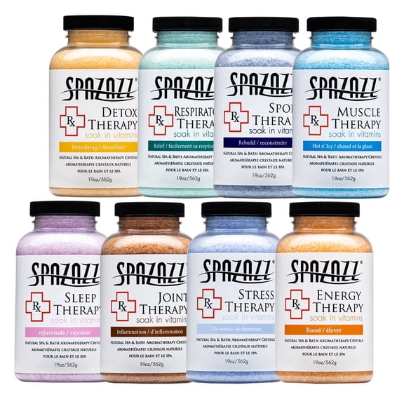 Spazazz RX Therapy Aromatherapy Salt Crystals 19oz 8-Pack Bundle Muscle, Joint, Detox, Stress, Respiratory, Sport, Sleep, Energy Hot Tub & Bath Soak Spazazz Hot Tub Crystals for Relaxation with