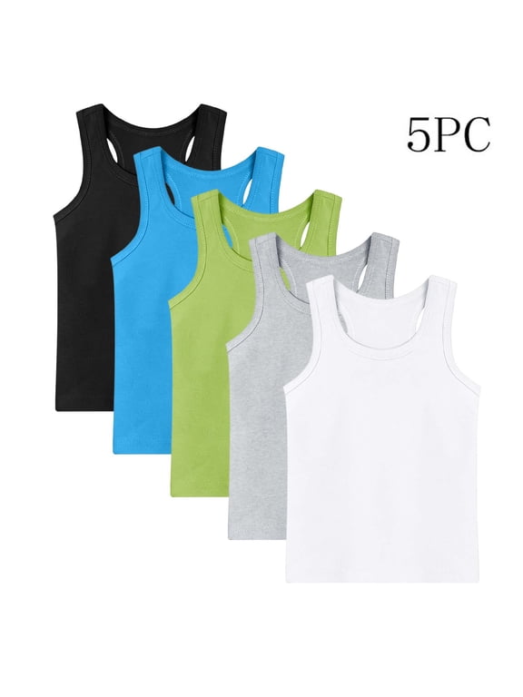 5PC Boys Tank Tops, Crew Neck Solid Color 100% Cotton Sleeveless Undershirts for Toddler to Kids Size 6-7 Years