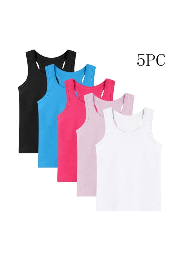 5PC Girls Tank Tops, Sleeveless Crew Neck Solid Color 100% Cotton Undershirts for Toddler to Kids Size 8 T