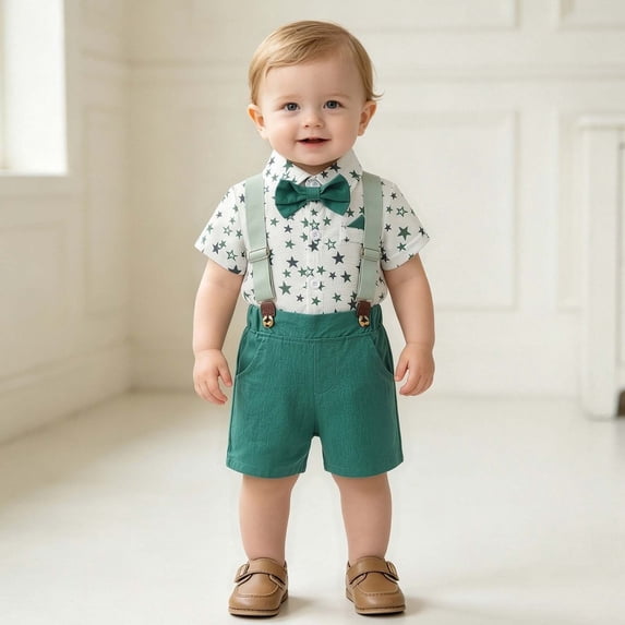 Spazoro Baby Boy 2 Piece Outfit Bodysuit Suspender Shorts Set, Button Down Bow Tie Star Short Sleeve Formal Suit Infant Birthday Party Green Size 12-18 Months