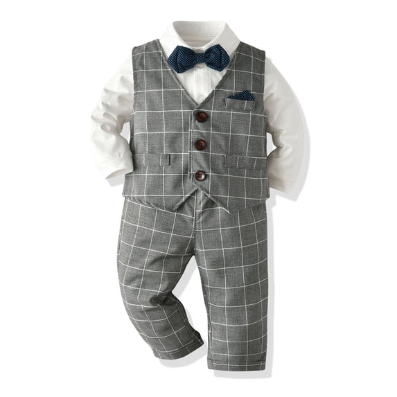 Spazoro Baby Boys 4-Piece Suit Set, Vest+Pants+Romper+Bow Classic Solid 3-Button Formal Dress Set for Wedding Gray Size 6 Months