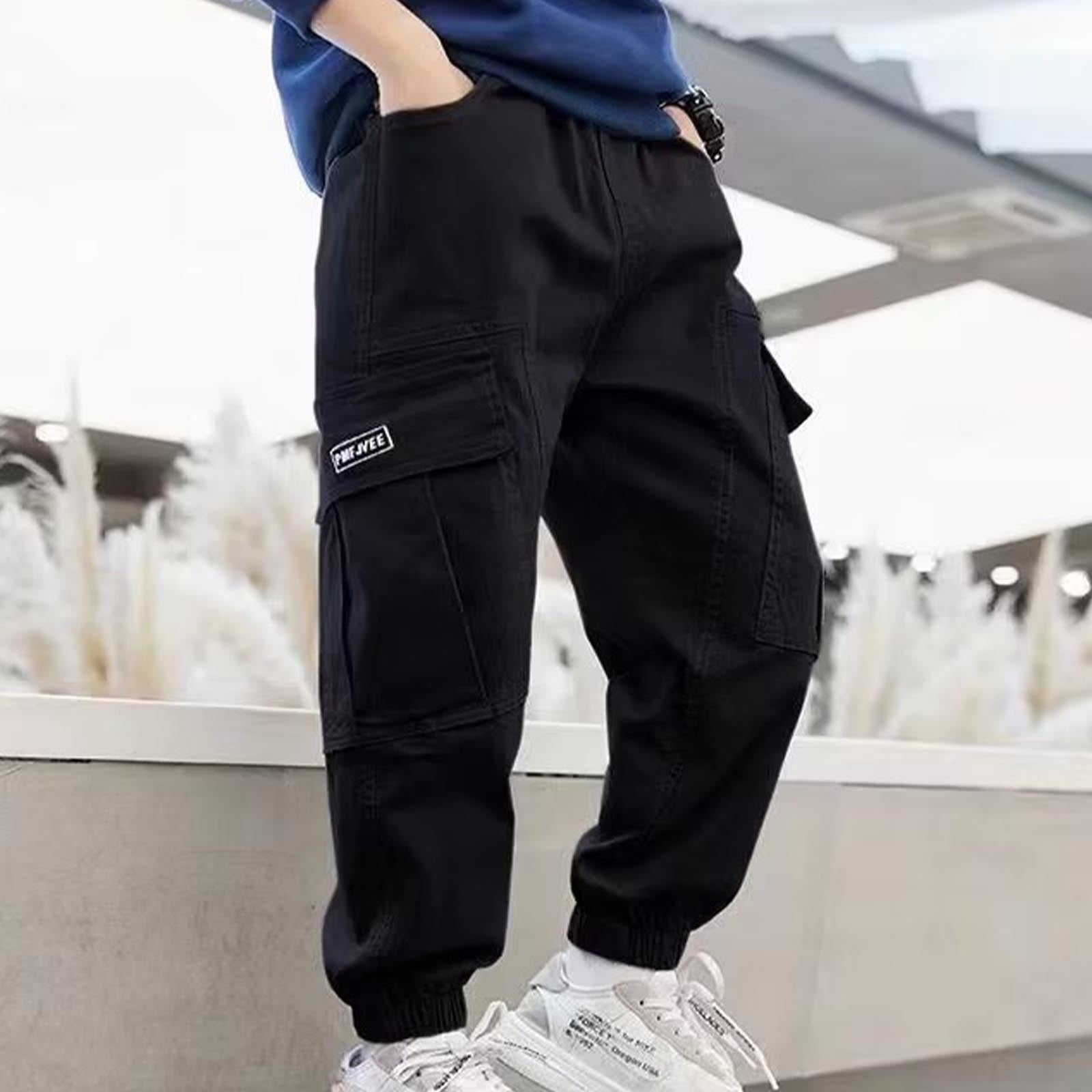 Spazoro Big Boys Cargo Pants, Casual Solid Color Fall and Winter Elastic Waist Outwear Pants For Kids Boys Black Size 8 T