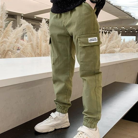 Spazoro Big Boys Cargo Pants, Elastic Waist Fall and Winter Solid Color Casual Outwear Pants For Kids Boys Army Green Size 11 T