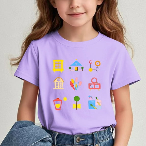 Spazoro Big Boys Girls Shirts Tee, Crew Neck Graphic T-Shirts Cute Print Short Sleeve Casual Summer Tops for Unisex Purple Size 3 T