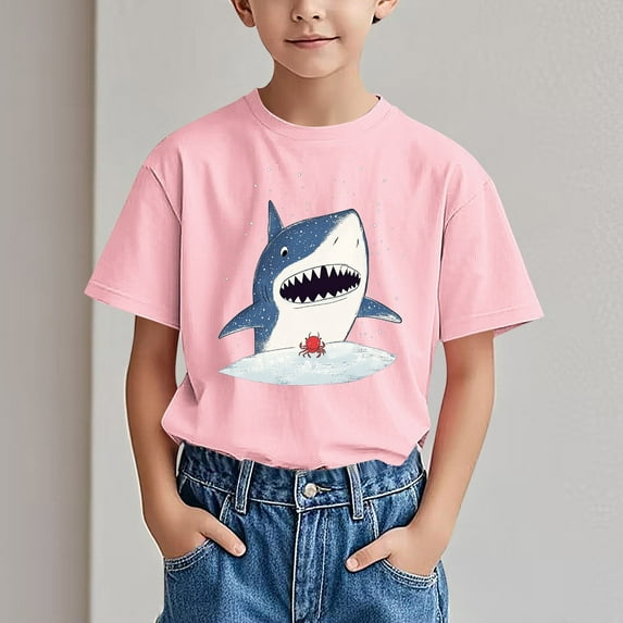 Spazoro Big Boys Girls Shirts Tee, Crew Neck Graphic T-Shirts Short Sleeve Shark Print Casual Summer Tops for Unisex Pink Size 7 T