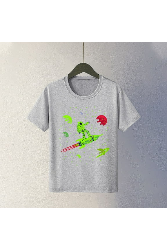 Big Boys Girls Shirts Tee, Crew Neck Rocket Print Graphic T-Shirts Short Sleeve Casual Summer Tops for Unisex Gray Size 5 T