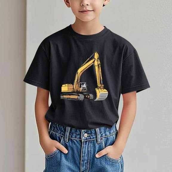 Spazoro Big Boys Girls Shirts Tee, Excavator Print Short Sleeve Crew Neck Graphic T-Shirts Casual Summer Tops for Unisex Black Size 9 T