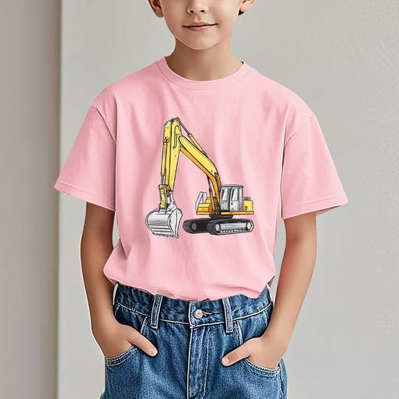 Spazoro Big Boys Girls Shirts Tee, Graphic T-Shirts Short Sleeve Excavator Print Crew Neck Casual Summer Tops for Unisex Pink Size 7 T