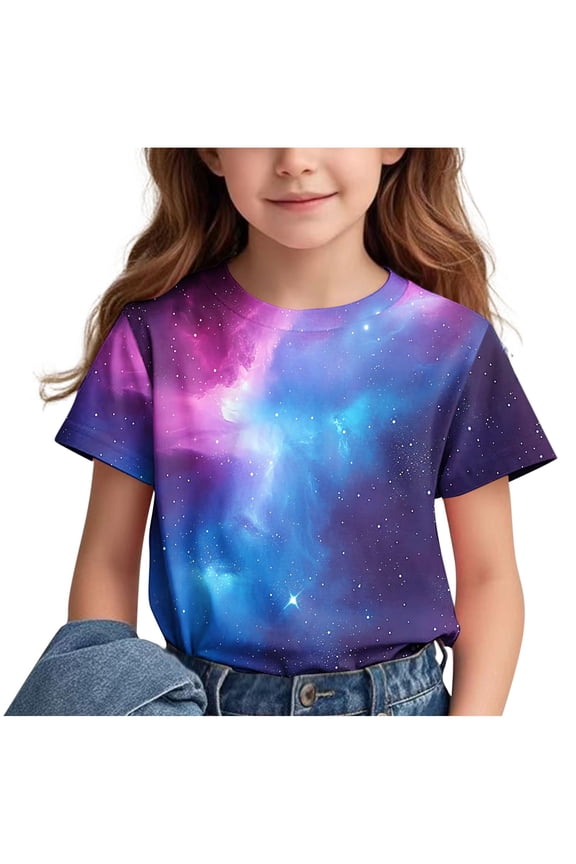Big Boys Girls Shirts Tee, Graphic T-Shirts Universe Print Crew Neck Short Sleeve Casual Summer Tops for Unisex Blue Size 7 T