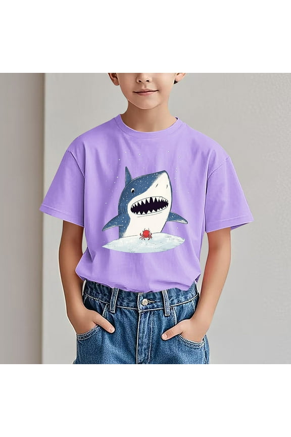 Big Boys Girls Shirts Tee, Shark Print Graphic T-Shirts Crew Neck Short Sleeve Casual Summer Tops for Unisex Purple Size 5 T