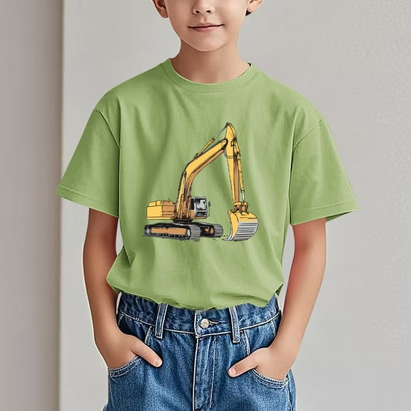 Spazoro Big Boys Girls Shirts Tee, Short Sleeve Crew Neck Excavator Print Graphic T-Shirts Casual Summer Tops for Unisex Green Size 4 T
