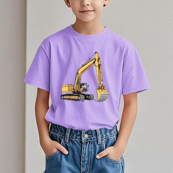 Spazoro Big Boys Girls Shirts Tee, Short Sleeve Crew Neck Graphic T-Shirts Excavator Print Casual Summer Tops for Unisex Purple Size 9 T
