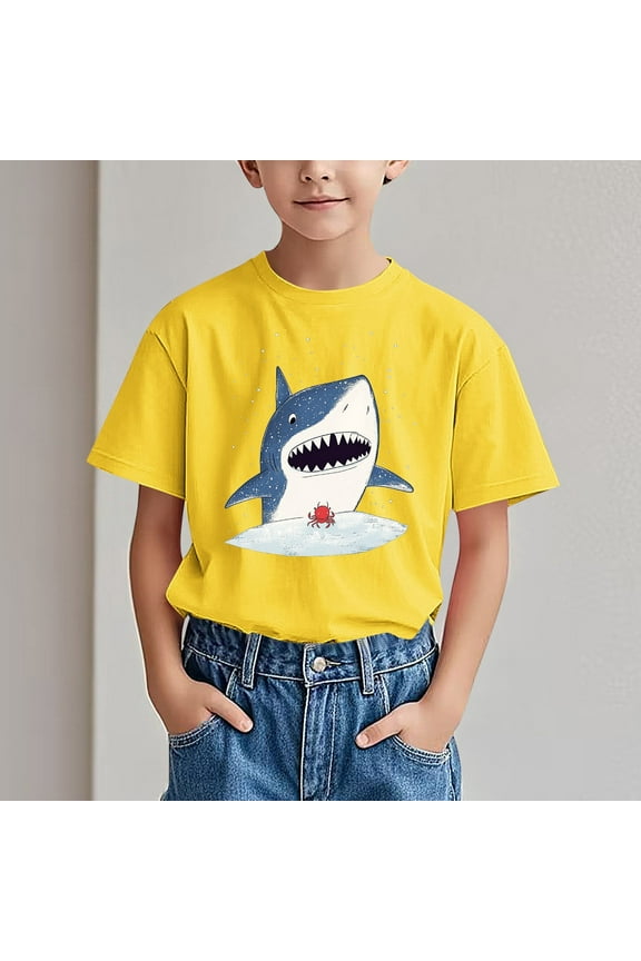 Big Boys Girls Shirts Tee, Short Sleeve Crew Neck Graphic T-Shirts Shark Print Casual Summer Tops for Unisex Yellow Size 3 T
