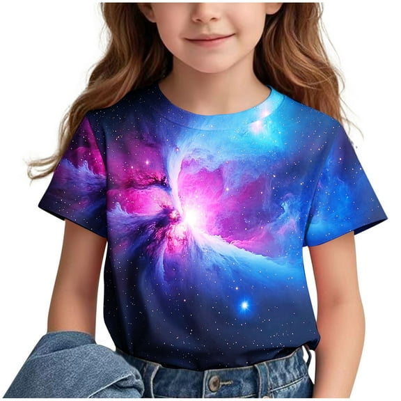 Spazoro Big Boys Girls Shirts Tee, Short Sleeve Crew Neck Graphic T-Shirts Universe Print Casual Summer Tops for Unisex Blue Size 4 T