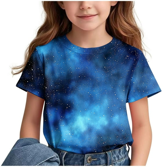 Spazoro Big Boys Girls Shirts Tee, Short Sleeve Crew Neck Universe Print Graphic T-Shirts Casual Summer Tops for Unisex Blue Size 5 T