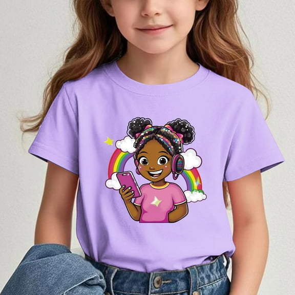 Spazoro Big Boys Girls Shirts Tee, Short Sleeve Cute Print Crew Neck Graphic T-Shirts Casual Summer Tops for Unisex Purple Size 5 T