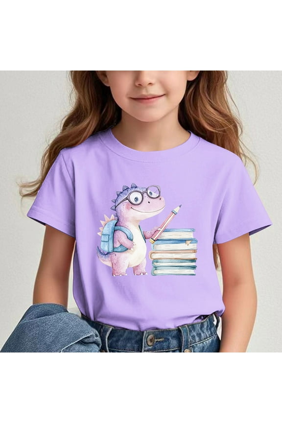 Big Boys Girls Shirts Tee, Short Sleeve Dinosaur Print Graphic T-Shirts Crew Neck Casual Summer Tops for Unisex Purple Size 9 T
