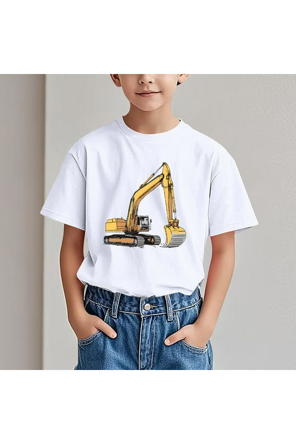 Big Boys Girls Shirts Tee, Short Sleeve Graphic T-Shirts Excavator Print Crew Neck Casual Summer Tops for Unisex White Size 7 T