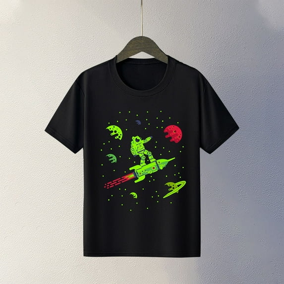 Spazoro Big Boys Girls Shirts Tee, Short Sleeve Graphic T-Shirts Rocket Print Crew Neck Casual Summer Tops for Unisex Black Size 5 T