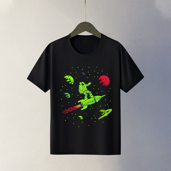 Spazoro Big Boys Girls Shirts Tee, Short Sleeve Graphic T-Shirts Rocket Print Crew Neck Casual Summer Tops for Unisex Black Size 5 T