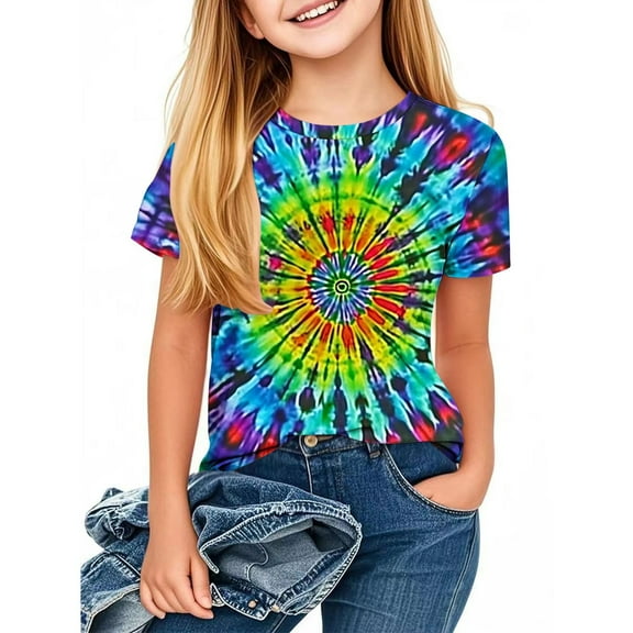 Spazoro Big Boys Girls Shirts Tee, Short Sleeve Graphic T-Shirts Tie Dye Crew Neck Casual Summer Tops for Unisex White Size 4 T