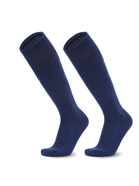 Boys 100% Cotton Knee High Socks, Stretch Cushioned Solid Color Breathable Non‑slip Athletic Sport Socks for Training Competition Navy