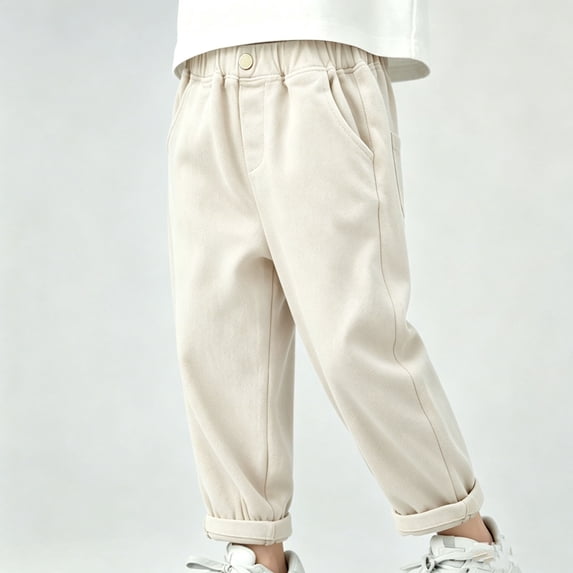 Spazoro Boys 100% Cotton Pants with Pockets, Elastic Waist Roll‑Up Cuffs Loose Fit Button Closure Solid Color Casual Tapered Trousers for Daily Wear White Size 3-4T