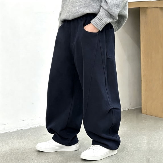 Spazoro Boys 100% Cotton Wide Leg Pants with Pockets, Elastic Waist Baggy Breathable Casual Trousers for Street Daily Wear Black Size 7-8