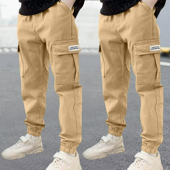 Spazoro Boys 2PC Cargo Pants, Baggy Cotton Solid Color Multi-Pockets Elastic Waist Casual Jogger for Boys Khaki Size 12 T