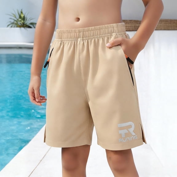 Spazoro Boys Athletic Shorts with Zipper Pockets, Performance Stretch Quick-Dry Elastic Waist Running Basketball Shorts Khaki Size 8