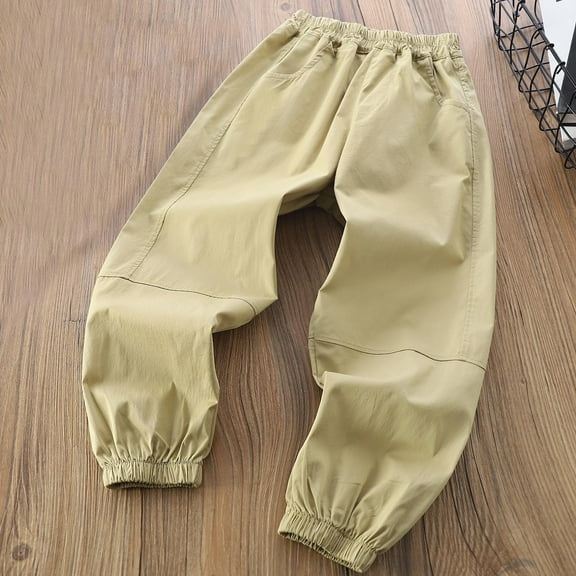 Spazoro Boys Cargo Pants, Baggy Elastic Waist Solid Color Multi-Pockets Lightweight Casual Jogger for Boys Khaki Size 5 T