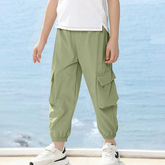 Spazoro Boys Cargo Pants, Baggy Lightweight Multi-Pockets Elastic Waist Solid Color Casual Jogger for Boys Green Size 5-6T