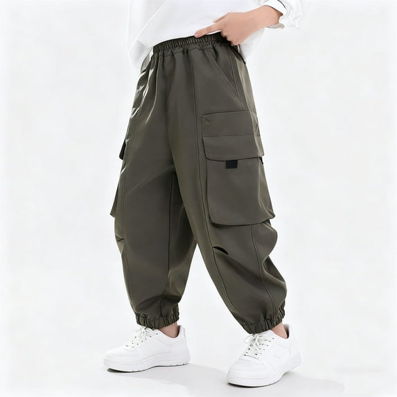 Spazoro Boys Cargo Pants, Baggy Multi-Pockets Elastic Waist Solid Color Cotton Jogger Pants for Kids Army Green Size 7