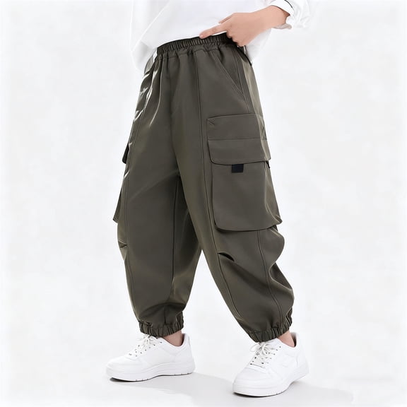 Spazoro Boys Cargo Pants, Baggy Multi-Pockets Elastic Waist Solid Color Cotton Jogger Pants for Kids Army Green Size 7
