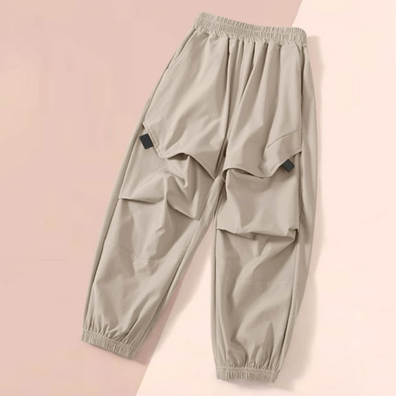 Spazoro Boys Cargo Pants, Elastic Waist Baggy Multi-Pockets Solid Color Lightweight Casual Jogger for Boys Khaki Size 4-5T